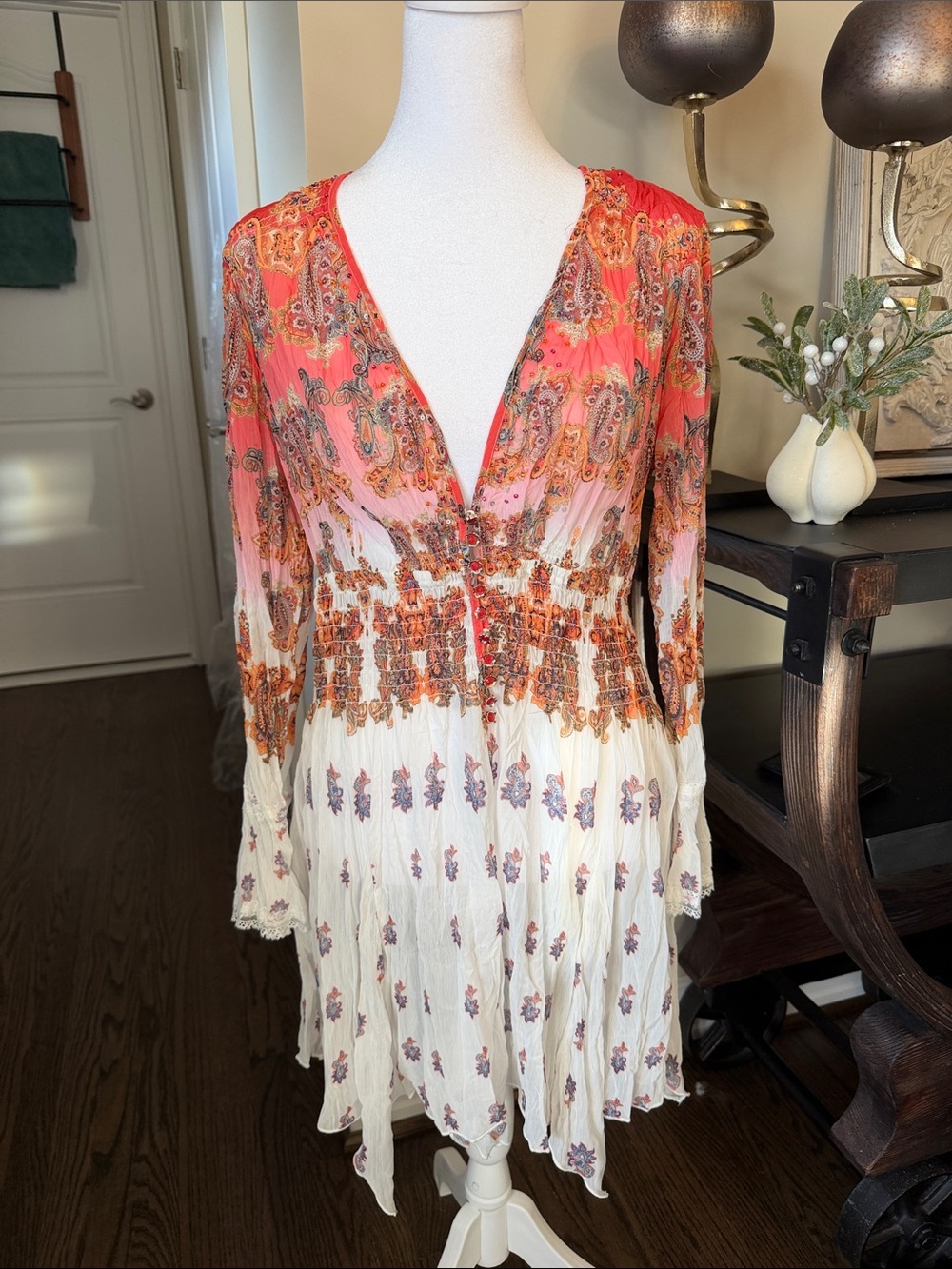 Boho Coral and Cream V-Neck Smocked Waist Blouse